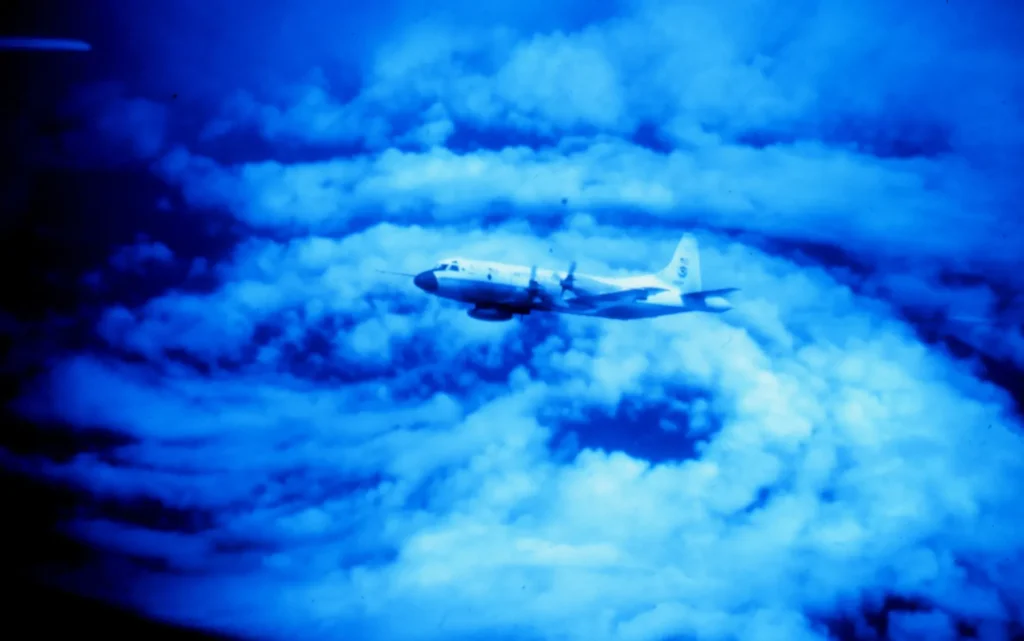 NOAA P-3 flying in eye of Hurricane Caroline, 1975.