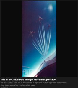 1956 – Trio of B-47 bombers in flight leave multiple contrails across the sky