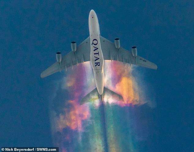 Iridescent whole wake contrails