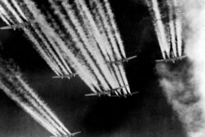 Contrails from B17 Flying Fortresses of the 8th USAF en route to Berlin, March 4, 1944